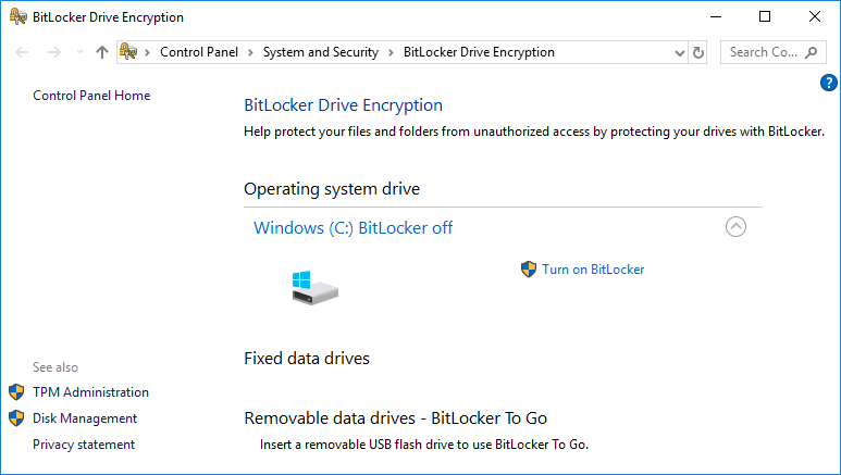 BitLocker 管理介面显示电脑的 BitLocker 加密功能在 C 分区上是关闭的。