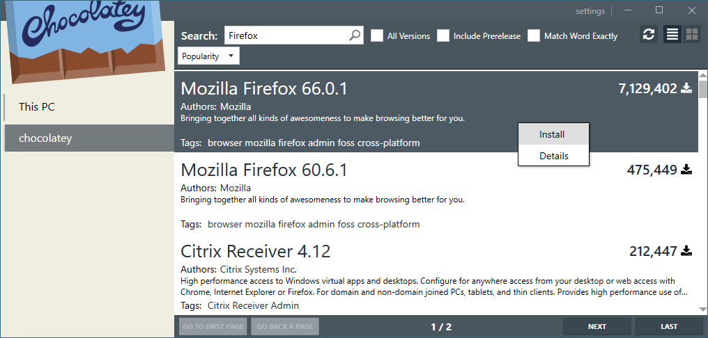 从 Chocolatey GUI 软件介面中使用关键词搜索安装 Mozilla Firefox 浏览器。