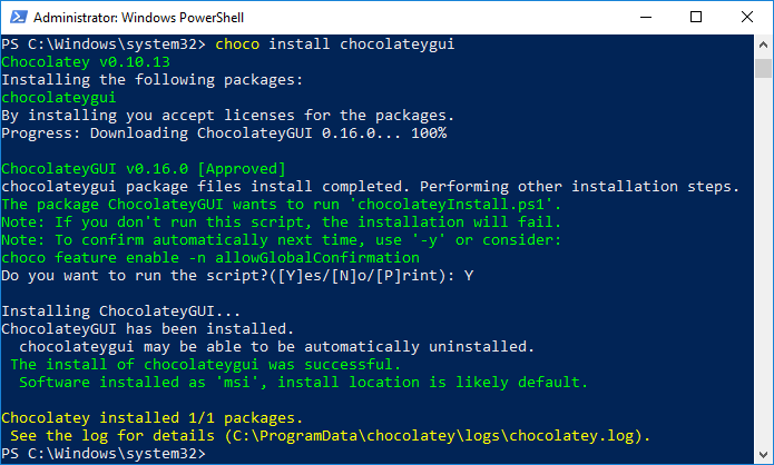 在 PowerShell 中安装 Chocolatey GUI 完成，看到消息 The installation of chocolateygui was successful。