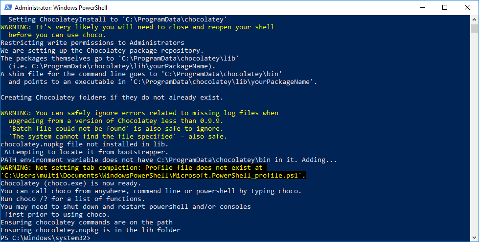 在 PowerShell 中安装 Chocolatey 完成，看到消息 Chocolatey is now ready。